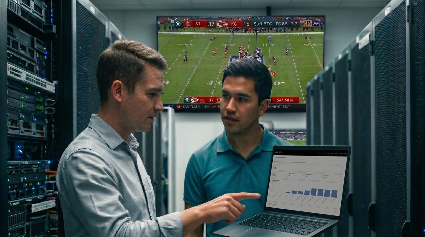 Two engineers talking between server racks, a live sports broadcast on the screen behind them and a monitoring dashboard open on a laptop