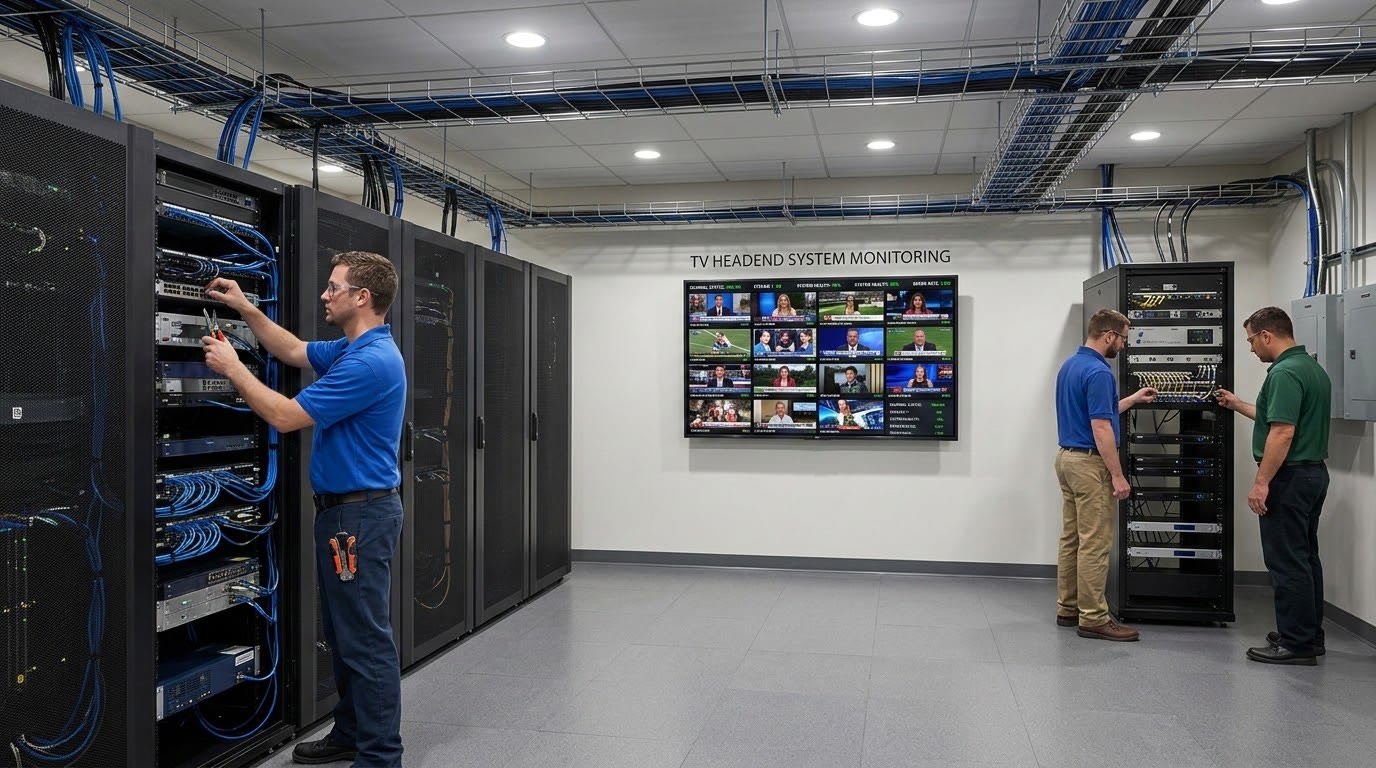 Técnicos trabajando en los racks de equipos de una cabecera de TV, con un monitor de canales en la pared