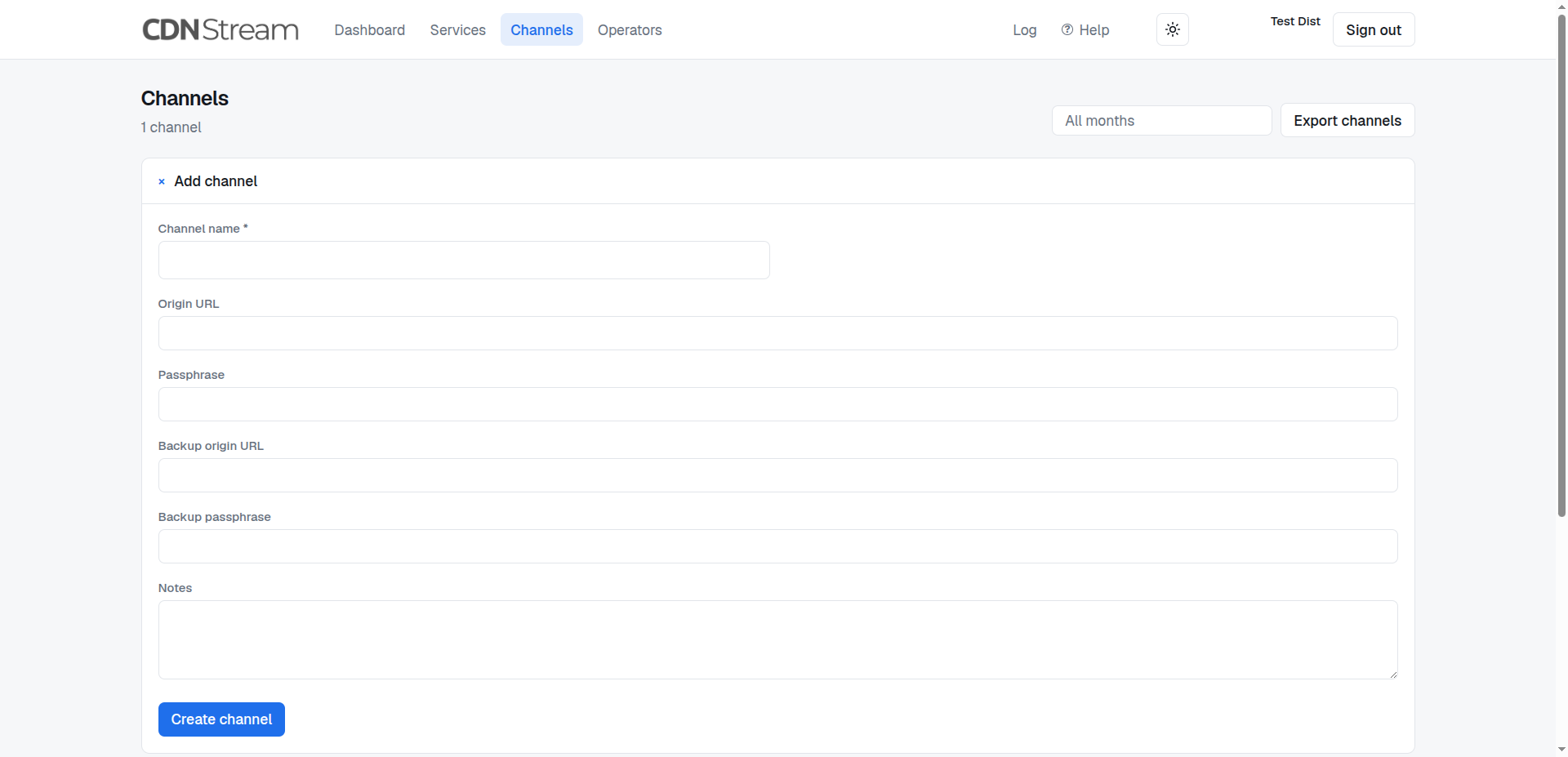 The form for adding a channel in the Stream Delivery panel, with origin, passphrase and backup origin fields