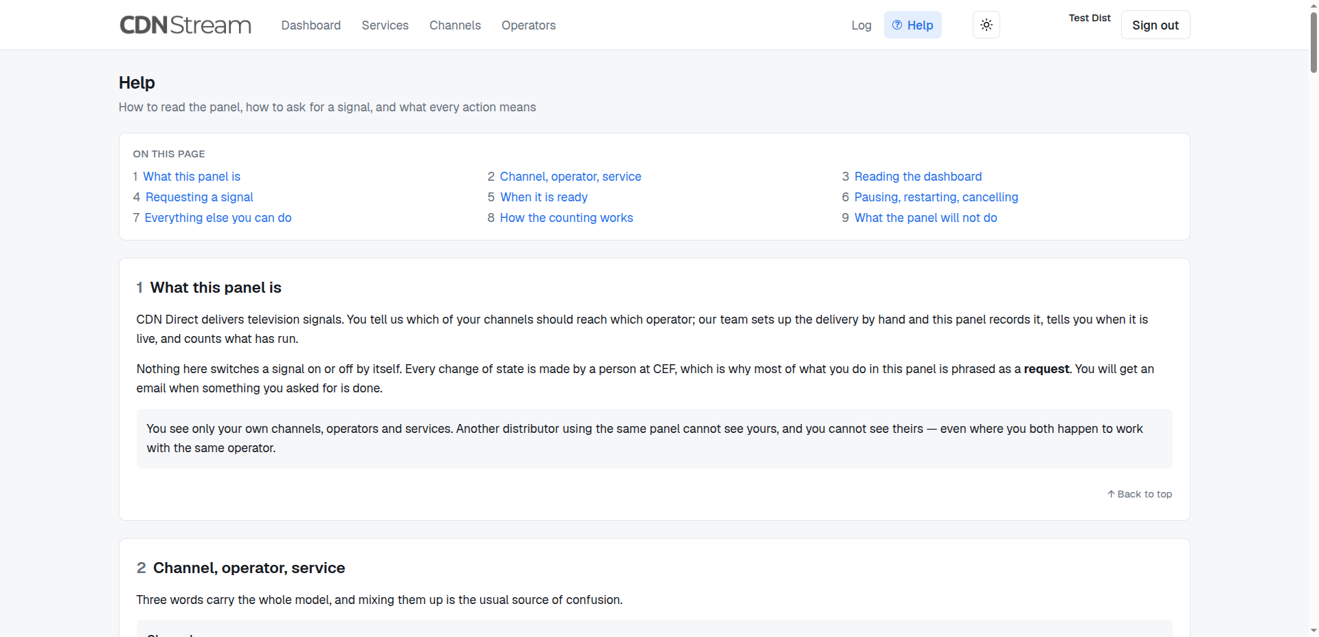 The help page inside the Stream Delivery panel, with its table of contents