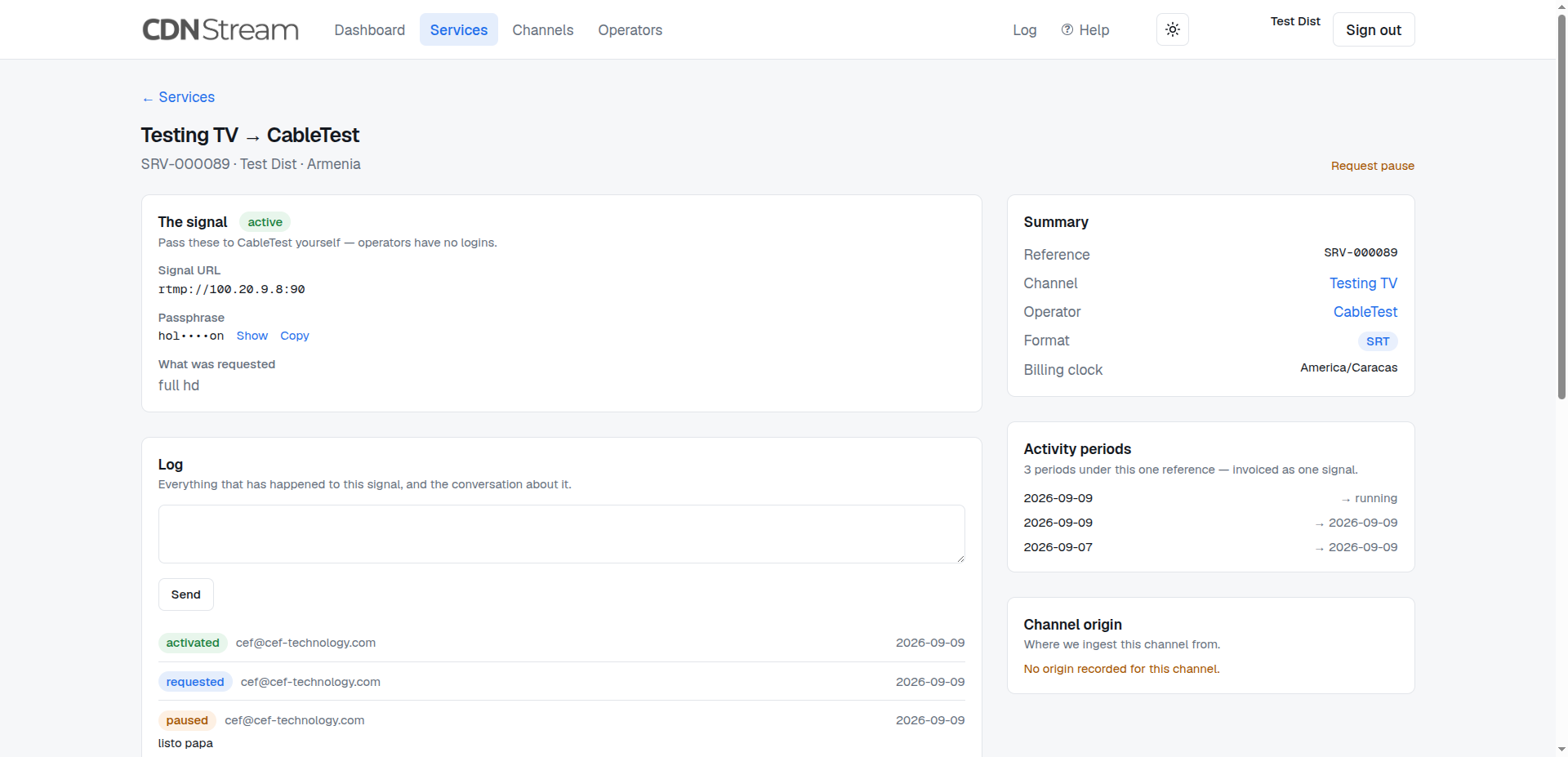 A single delivery in the Stream Delivery panel: its signal details, summary, activity periods and log