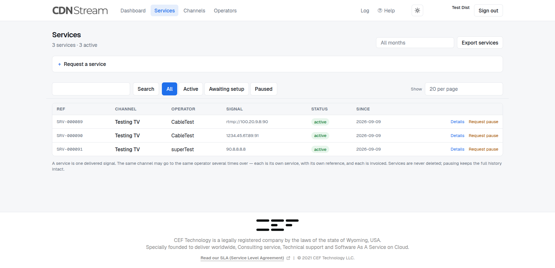 The services list in the Stream Delivery panel, showing three test deliveries with their reference, channel, operator, signal and status